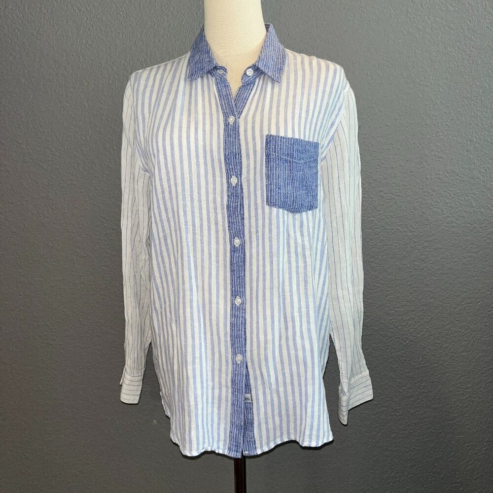 RAILS CHARLI Linen Blend Trio Blue & White Stripe Coastal Button Down Shirt - M